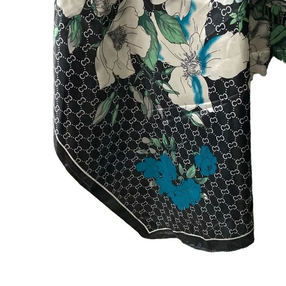 Fashion Scarf Black Blue White Floral Polyester 35x35
